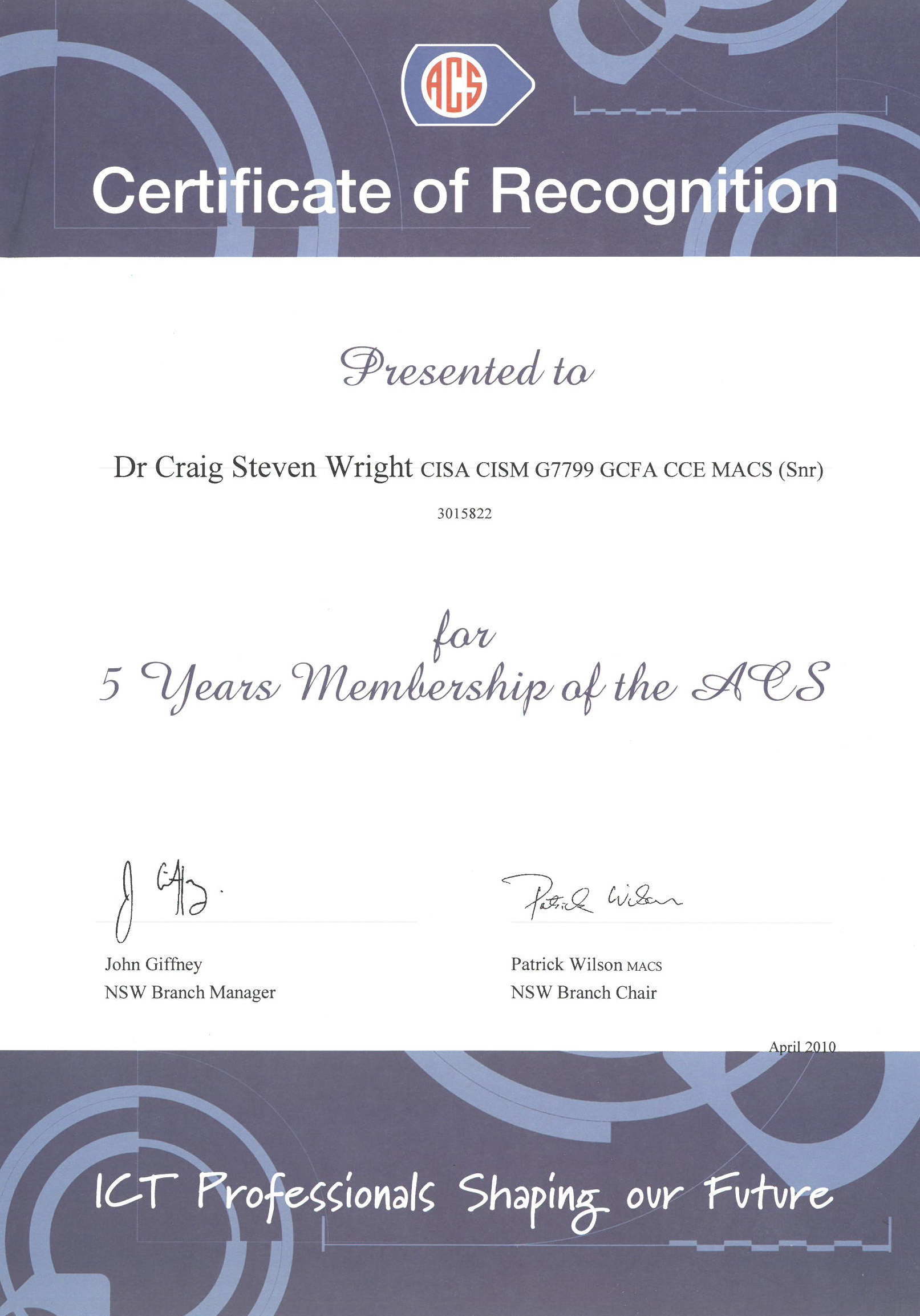 5 Years Membership of the ACS