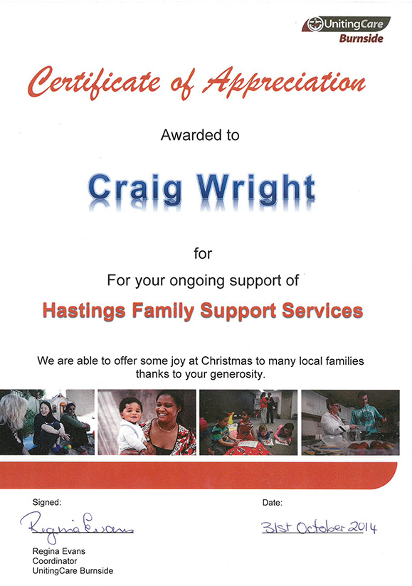 Certificate of Appreciation - Hastings Family Support Services