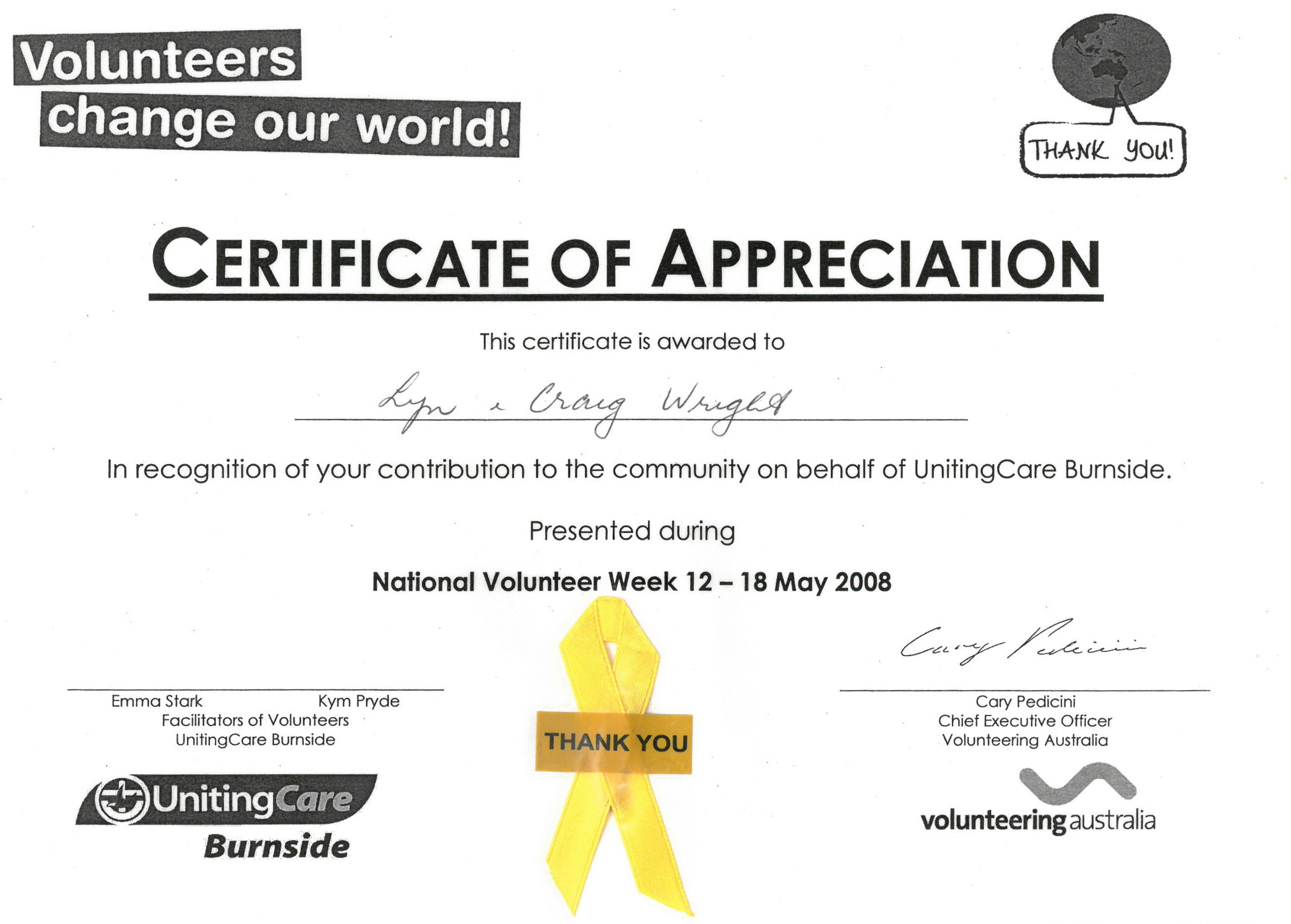 Certificate of Appreciation - UnitingCare Burnside