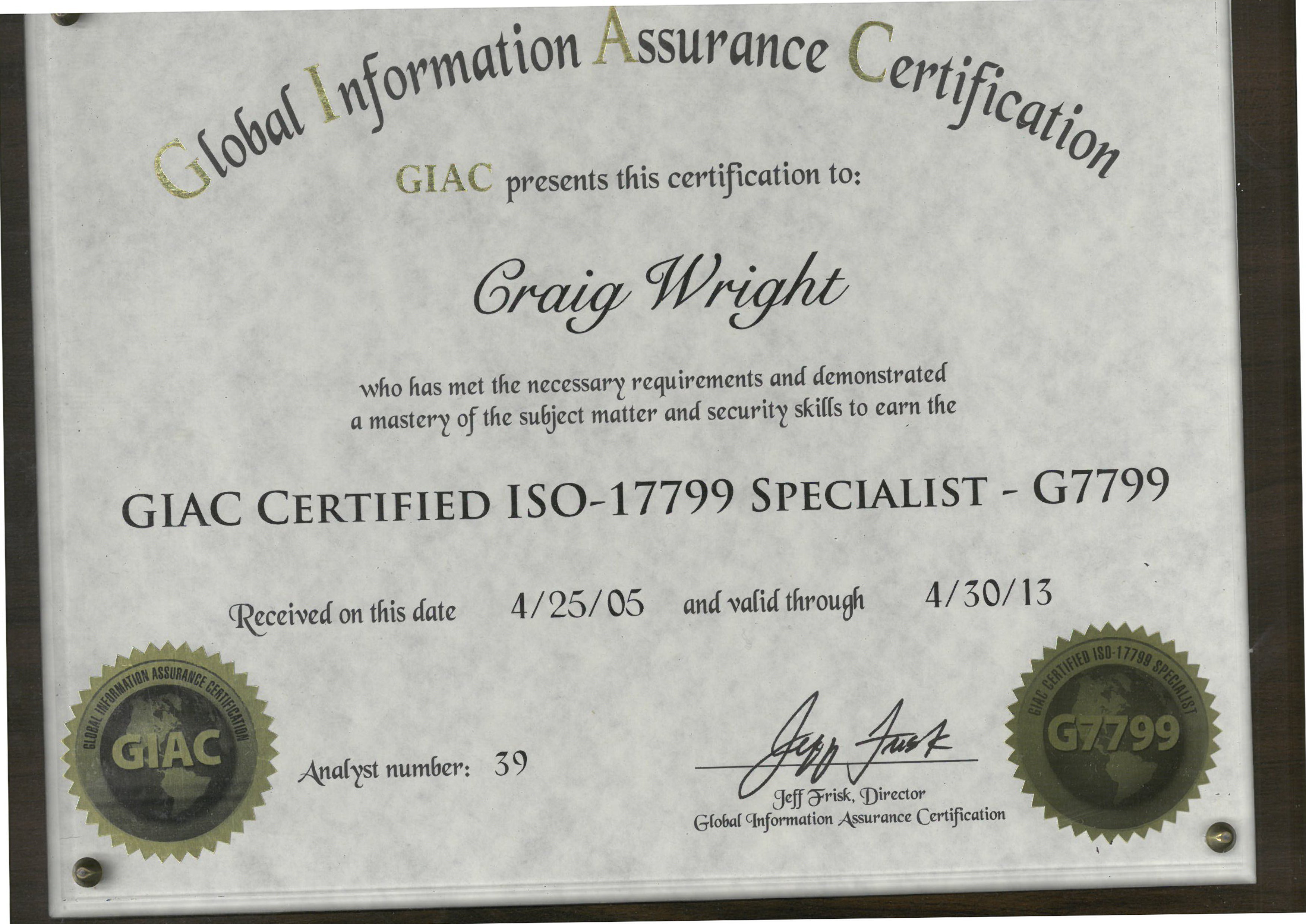 GIAC Certified ISO-17799 Specialist - G7799