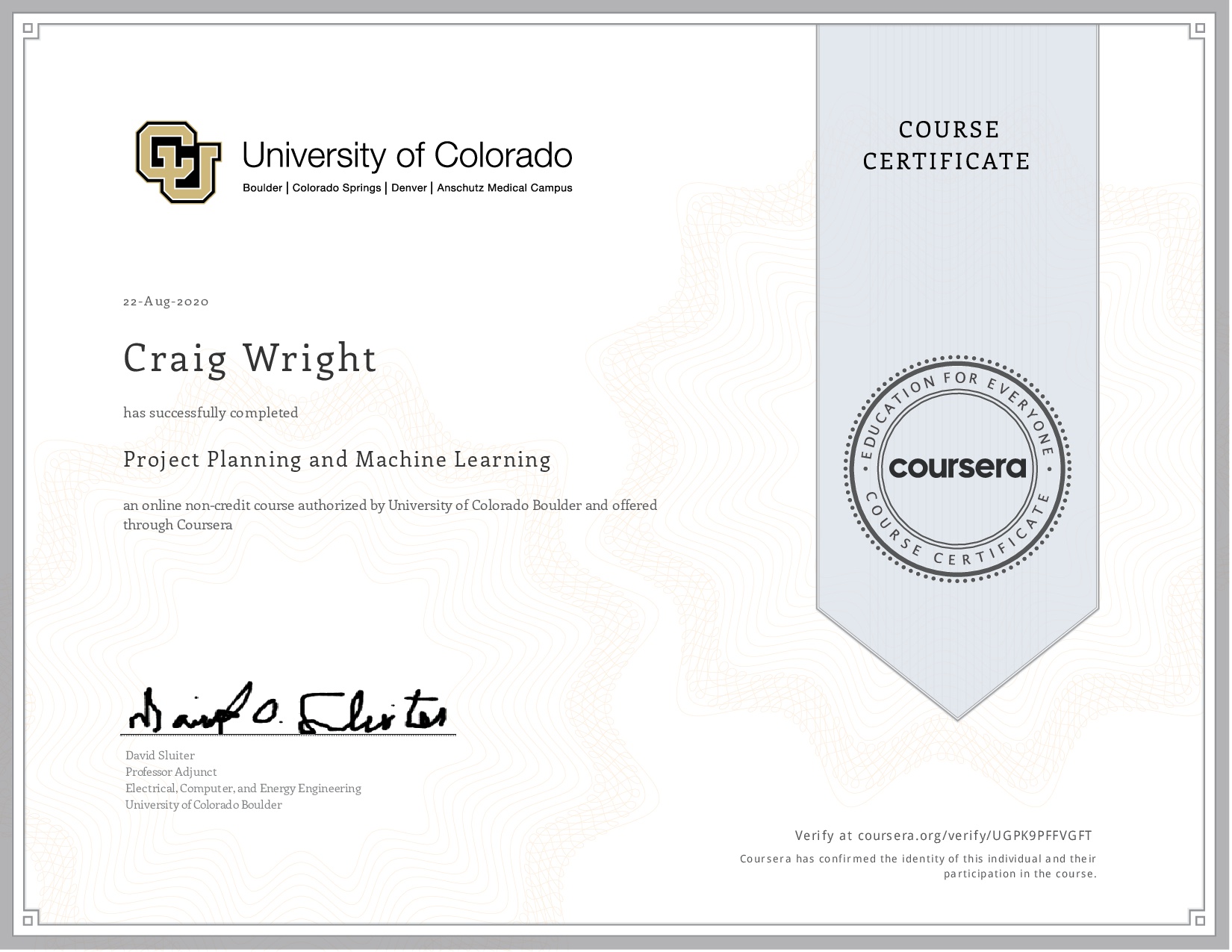 Course Certificate - Project Planning and Machine Learning