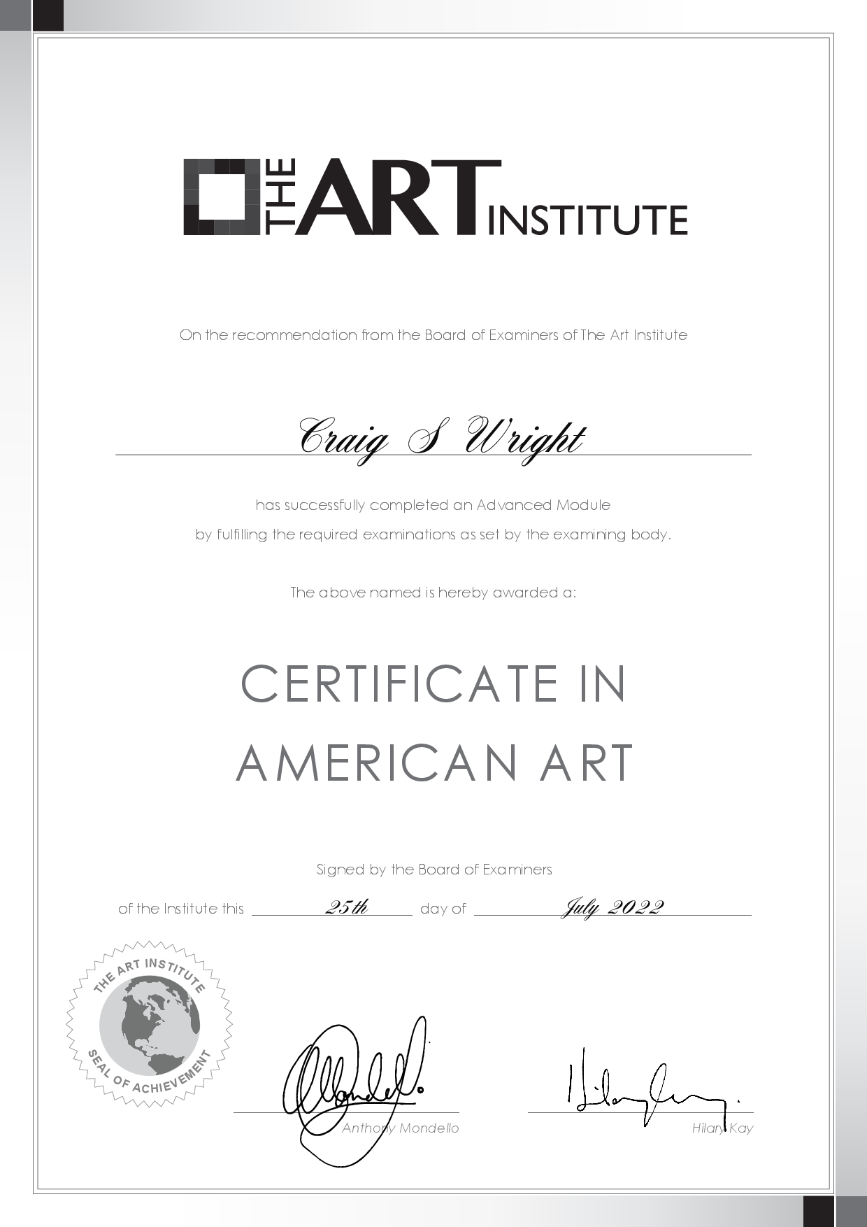 Certificate in American Art