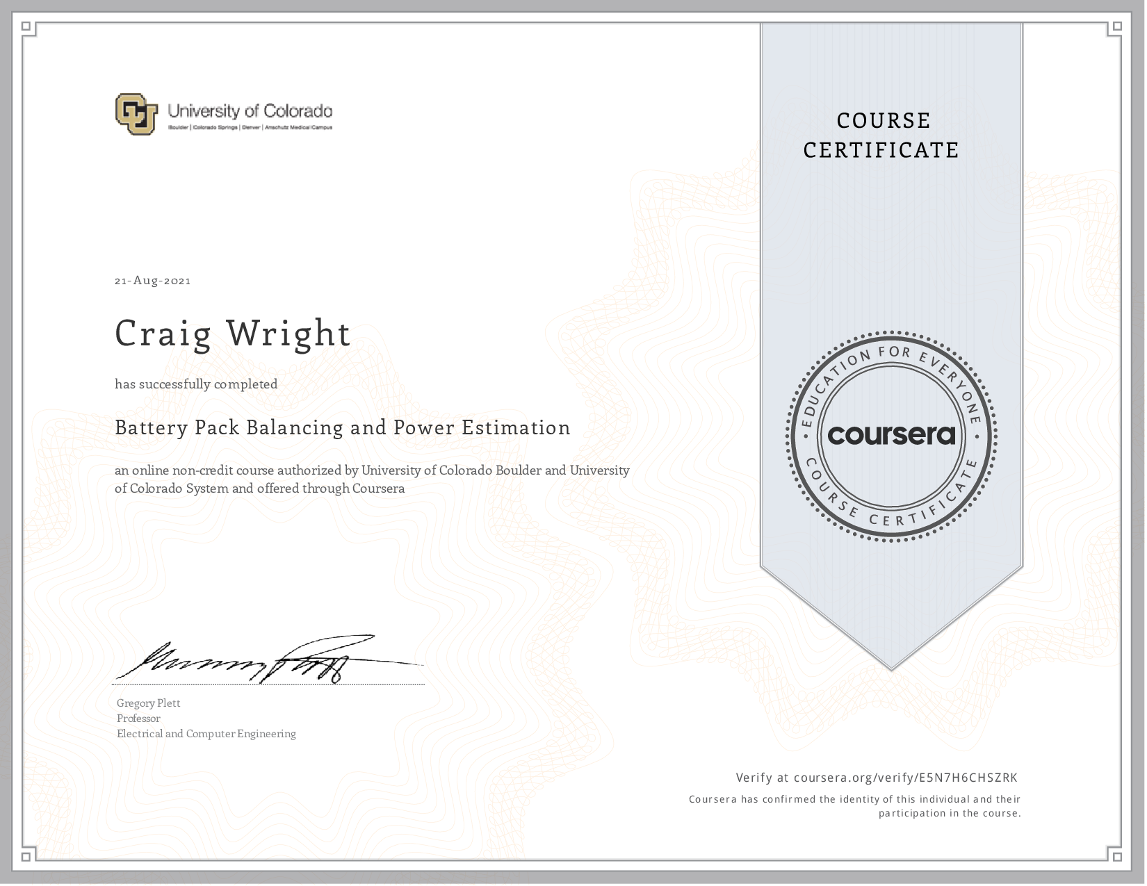 Course Certificate - Battery Pack Balancing and Power Estimation