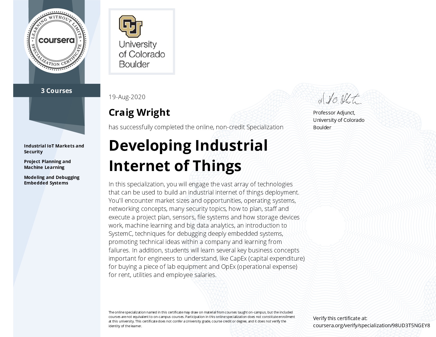 Specialisation Certificate - Developing Industrial Internet of Things