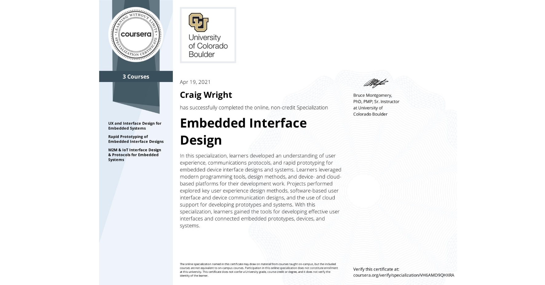 Specialisation Certificate - Embedded Interface Design